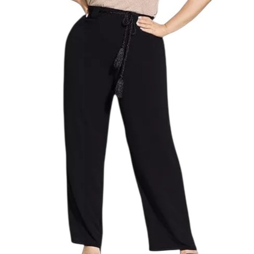 City Chic Dress Pants Women Large 20 Plus Black Tie Waist Formal Palazzo Career‎